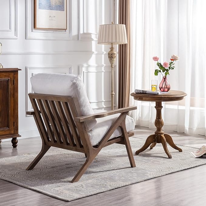 Wahson Set of 2 Mid Century Chair, Upholstered Accent Armchairs, with Wood Frame and Linen Cushions, Leisure Slipper Chair for Living Room/Bedroom, Cream-Ruum Studio Home