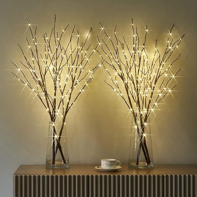 Fudios Lighted Twigs and Branches for Vases Plug in 32in Tall,Brown Willow Tree Branches with Lights 150 LED Outdoor Indoor Holiday Party Decor Gift 2Sets-Ruum Studio Home