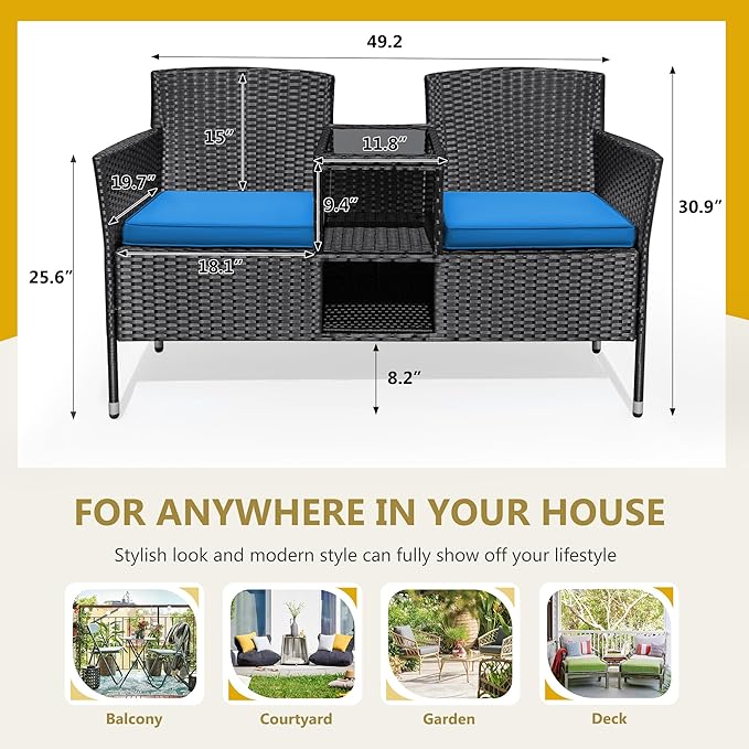 Flamaker Outdoor Furniture Patio Loveseat Wicker 2-Seat with Built-in Table and Cushions Rattan Porch Chairs Bench for Balcony, Lawn, Backyard (Blue)-Ruum Studio Home