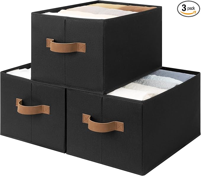 StorageWorks Storage Baskets for Shelves, Foldable Fabric Closet Storage Bins with Handles, Clothes Organizer Laundry Baskets, Black, 3-Pack, Large-Ruum Studio Home