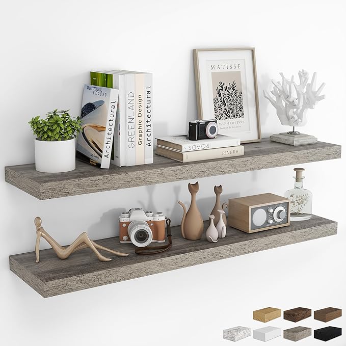 RICHFOCUS 48Inch Floating Shelves for Wall 2 Pack Shelves for Bedroom|Kitchen|Bathroom Wall Mounted Rustic Wood Floating Shelf with Invisible Brackets for Books|Storage|Decor, Grey-Ruum Studio Home