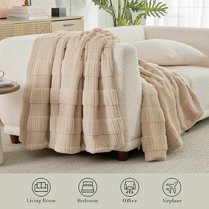 Amélie Home Luxury Striped Faux Fur Throw Blanket for Couch, Embossed Split Fur Cozy Fuzzy Fluffy Luxurious Soft Plush Sofa Chair Bed Gift Blankets for Women Men Wife Friend, 55"x70", Beige-Ruum Studio Home