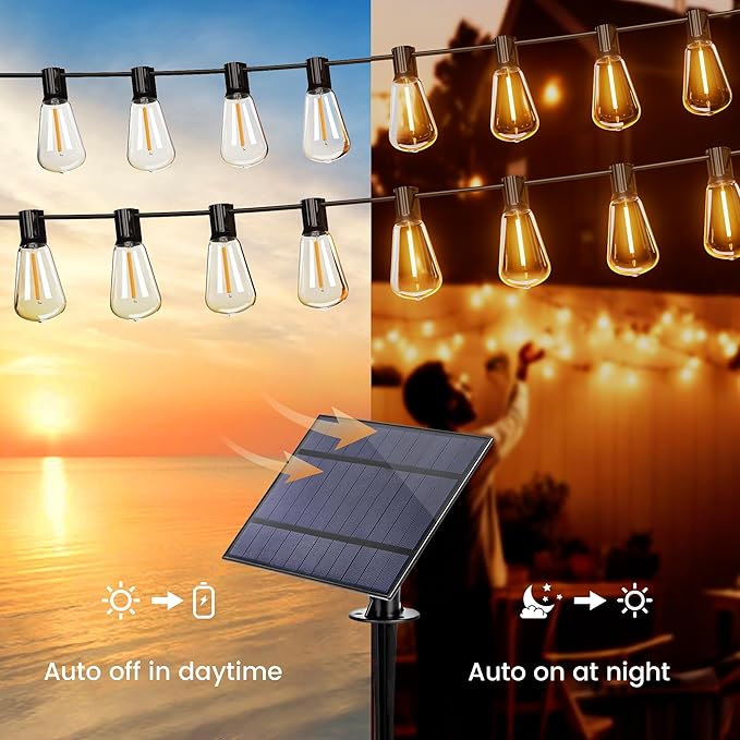 OHLUX 120FT Solar String Lights Outdoor with Remote, 2200K Soft Warm Patio Lights with 52 Shatterproof ST38 Tear-Drop LED Filament Bulbs, Dimmable Outside Edison Hanging Light for Backyard Deck Roof-Ruum Studio Home