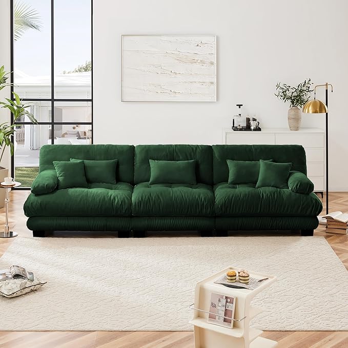 Modular Sectional Sofa, Comfy Cloud Couch 3 Seater Couch, Sectional Couches for Living Room, Modern Chenille Oversized Couches for Bedroom, Sleeper Deep Seat Sofa with Throw Pillows, Green-Ruum Studio Home