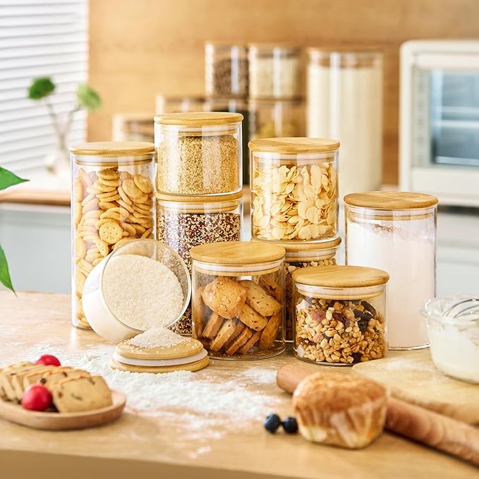 21oz - 4 Pack Glass Jars with Bamboo Lids, Glass Food Storage Containers with Airtight Lids, Air Tight Pantry Storage Containers for Coffee, Sugar, Spice, Meal Prep Jars for Salad & Fruit-Ruum Studio Home