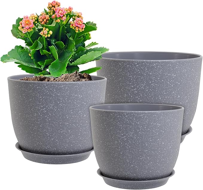Flower Pots 9/8/7.5inch, Set of 3 Modern Decorative Plastic Planters with Drainage Holes and Saucers for Garden House Plants, Plant Pots for Indoor Outdoor Plants, Speckled Grey-Ruum Studio Home