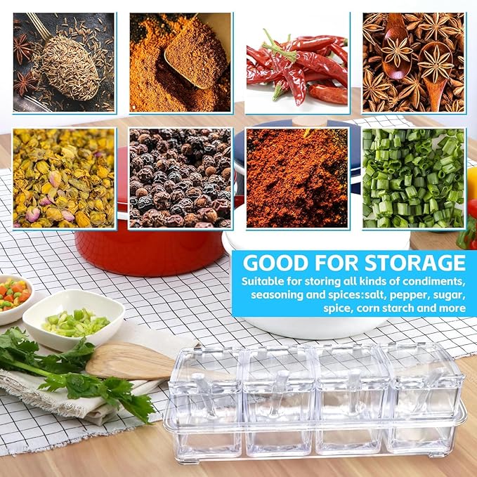 4-Cell Clear Seasoning Rack Spice Box, Storage Container Condiment Jars Acrylic Seasoning Box with Cover and Spoon (Enhanced Version Clear)-Ruum Studio Home