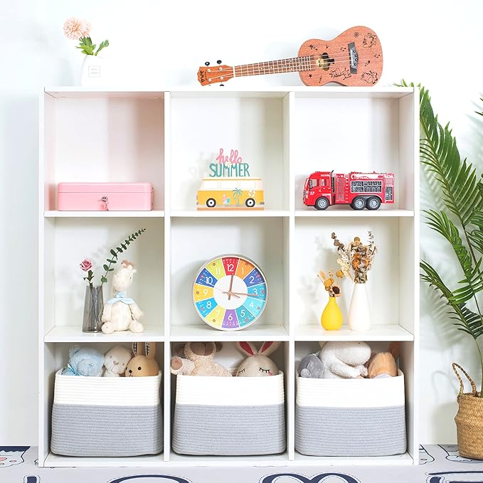 MINTWOOD Design 3-Pack Storage Baskets for Shelves, Playroom and Classroom, Book Basket, Decorative Storage Cube Bins, Woven Closet Organizers, Pantry and Shoe Organizer, Grey-Ruum Studio Home
