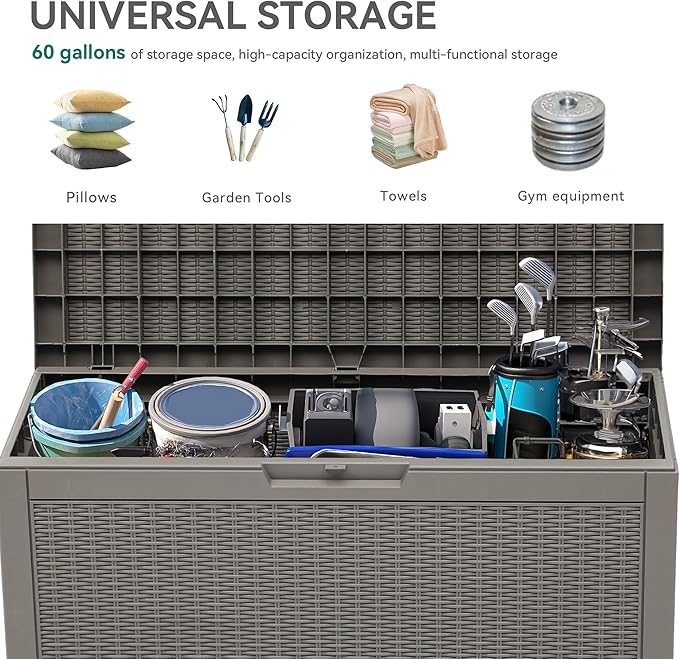 YITAHOME 60 Gallon Resin Deck Box, Weather Resistant Outdoor Rattan Storage Box, Lockable Indoor Outdoor Storage for Supplies and Essentials, Taupe-Ruum Studio Home