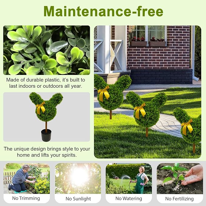 2 Pcs Artificial Bunny Shaped Topiary Trees, Artificial Green Boxwood Bunny Decorations with Gold Bow, Perfect for Indoor & Outdoor Front Porch, Easter& Garden Decor (Bunny Shaped Topiary Tree)-Ruum Studio Home