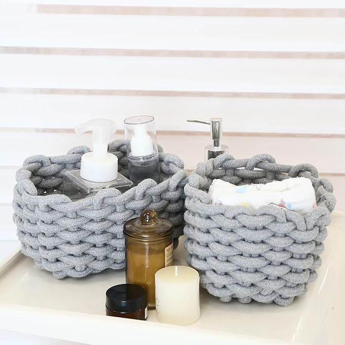 Sea Team 3-Pack Rectangle Woven Cotton Rope Storage Baskets with Handles, Shelf Basket, Closet Organizers, 3-in-1, Gray-Ruum Studio Home