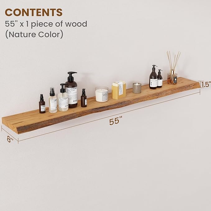 Floating Shelves for Wall Decor, Rustic Solid Elm Wood Live Edge Floating Shelves Wall Mounted, Wall Shelves with Invisible Bracket for Living Room Bathroom Bedroom Kitchen, 55 Inch, Natural-Ruum Studio Home