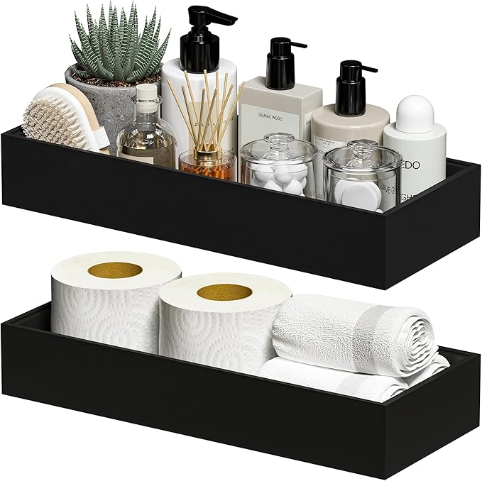 Kitchen Drawer Organizer Bins, Stackable Bamboo Drawer Organizer for Silverware, 2 Pcs Toilet Paper Basket Holder, Wood Bathroom Tray Countertop, Toilet Tank Tray Black 15" x 6" x 2.5"-Ruum Studio Home