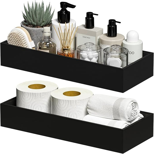 Kitchen Drawer Organizer Bins, Stackable Bamboo Drawer Organizer for Silverware, 2 Pcs Toilet Paper Basket Holder, Wood Bathroom Tray Countertop, Toilet Tank Tray Black 15" x 6" x 2.5"-Ruum Studio Home