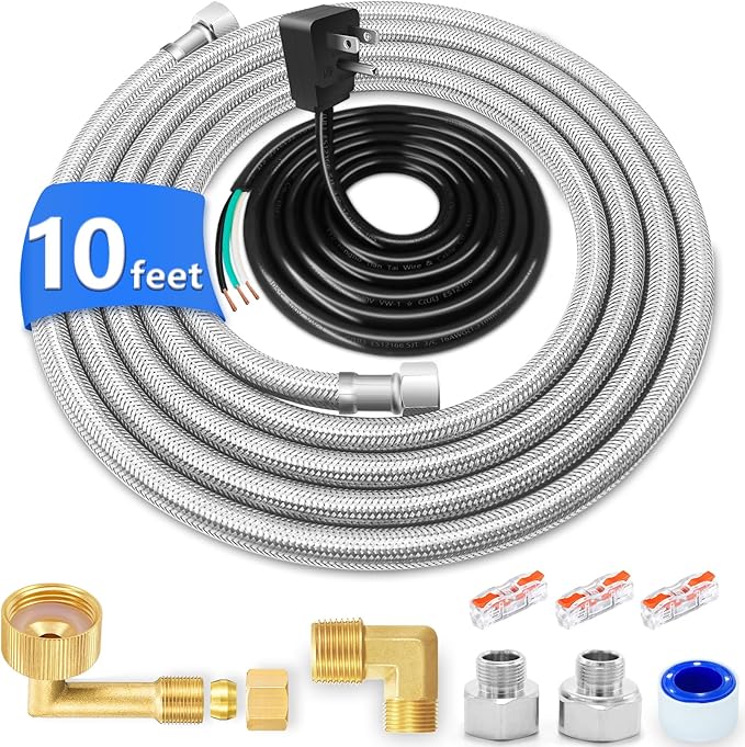Dishwasher Installation Kit - 10 FT Stainless Steel Dishwasher Hose with 3/8" Compression Connections,Food Grade PEX Inner Tube Dishwasher Water Supply Line with Elbows,Adapters and 6 FT Power Cord-Ruum Studio Home