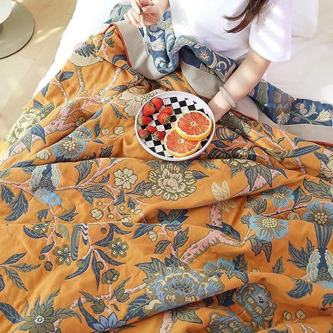 Boho Muslin Blanket for Adults 4-Layer Gauze 80 x 90 Inches Soft Cozy 100% Cotton Summer Cooling Blanket Floral Decor for Sofa Bed Coverlet Both Sides (Flowr Branch Orange, 80 x 90 in)-Ruum Studio Home