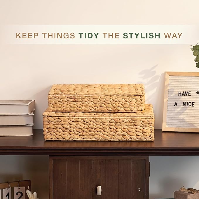 Set of 2 Wicker Baskets with Lid for Organizing - Decorative Storage Boxes With Lids for Home Decor, Shelves - Organic Modern Home Decor - Remote Box - Coffee Table Basket-Ruum Studio Home