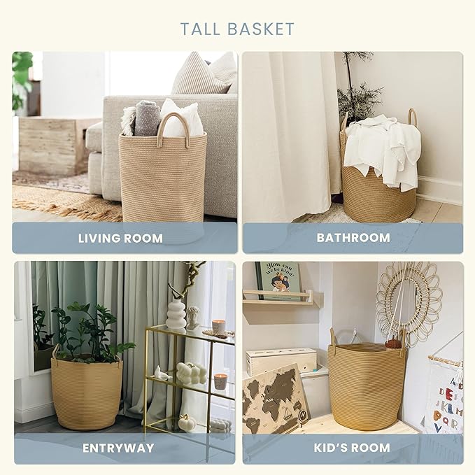 OrganiHaus Large Woven Baskets for Storage 15x18, Cotton Rope Baskets for Storage, Tall Blanket Basket for Living Room, Nursery Laundry Basket, Big Basket for Toys, Basket for Blankets, Honey-Ruum Studio Home