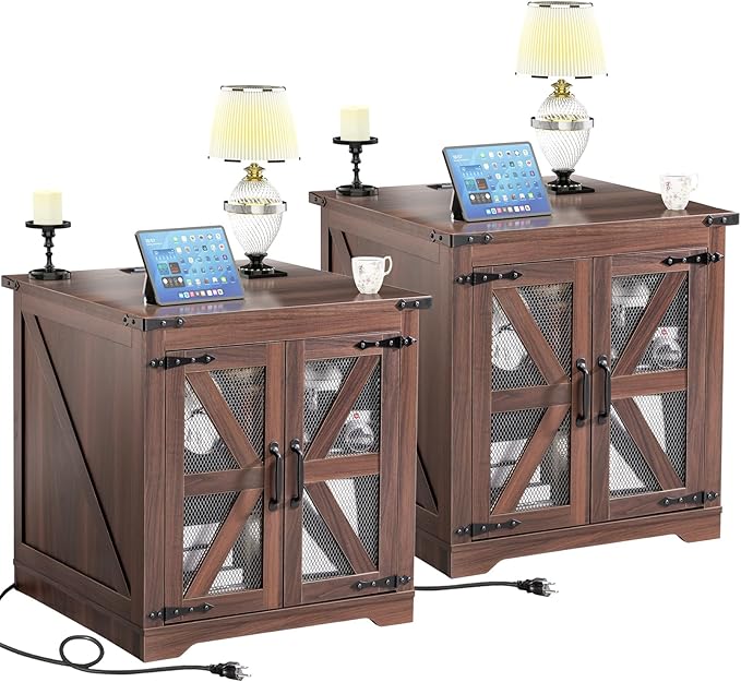 Farmhouse End Table Set of 2, 24" Large Sofa Side Table with Charging Station, Mesh Barn Door, Rustic Wood Nightstand with Adjustable Storage Shelf, Square Nightstand for Living Room-Ruum Studio Home