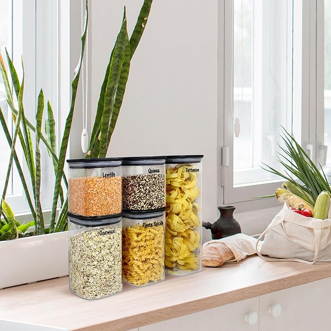Urban Green Glass Jars with Black Bamboo Lids, food storage sets with airtight black lids, Glass Canisters Sets, Kitchen Organizing Jars (5 Sets of 27oz, 38oz, 66oz)-Ruum Studio Home