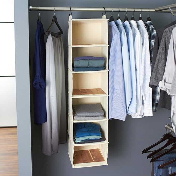 Household Essentials Cedarline 6-Shelf Hanging Closet Organizer, Heavy-Duty Cotton Canvas, Breathable, Versatile, Compact, Perfect for Rod or Wire Closets, Natural-Ruum Studio Home