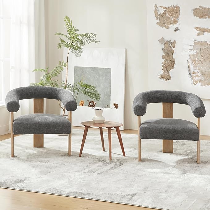 VKNOW Accent Chair Living Room Chair Set of 2, Modern Upholstered Armchair with Solid Wood Legs, Comfy Barrel Arm Chairs for Living Room Bedroom, Dark Grey-Ruum Studio Home