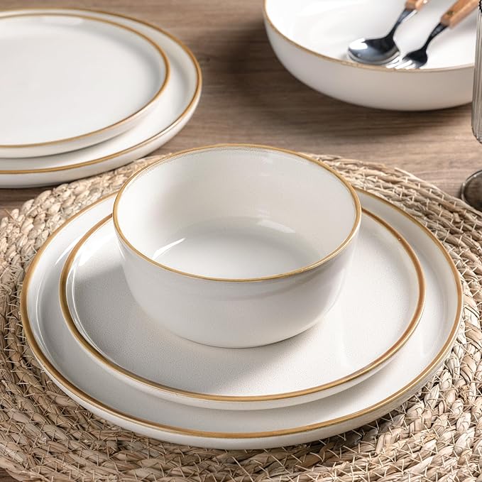 GBHOME Ceramic Dinnerware Sets for 4, 12 Pieces Stoneware Plates and Bowls Sets, Scratch Resistant Dishes, Dishwasher & Microwave Safe, Reactive Glaze-White-Ruum Studio Home