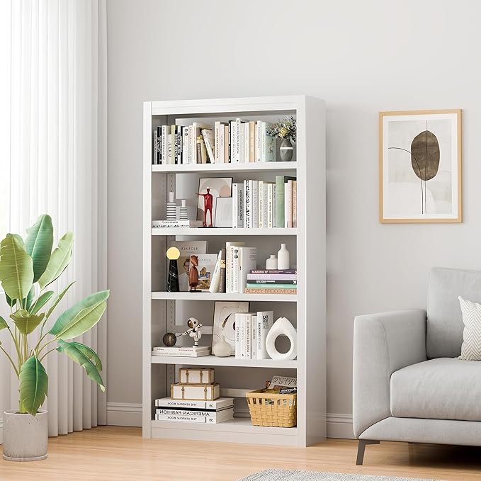 61" H Metal Bookshelf, 5 Tier Adjustable Bookshelf, White Small Bookcase, Bedroom Bookshelves and Bookcases, Modern Book Shelf for Living Room, Office, Easy Tool-Free Assembly-Ruum Studio Home