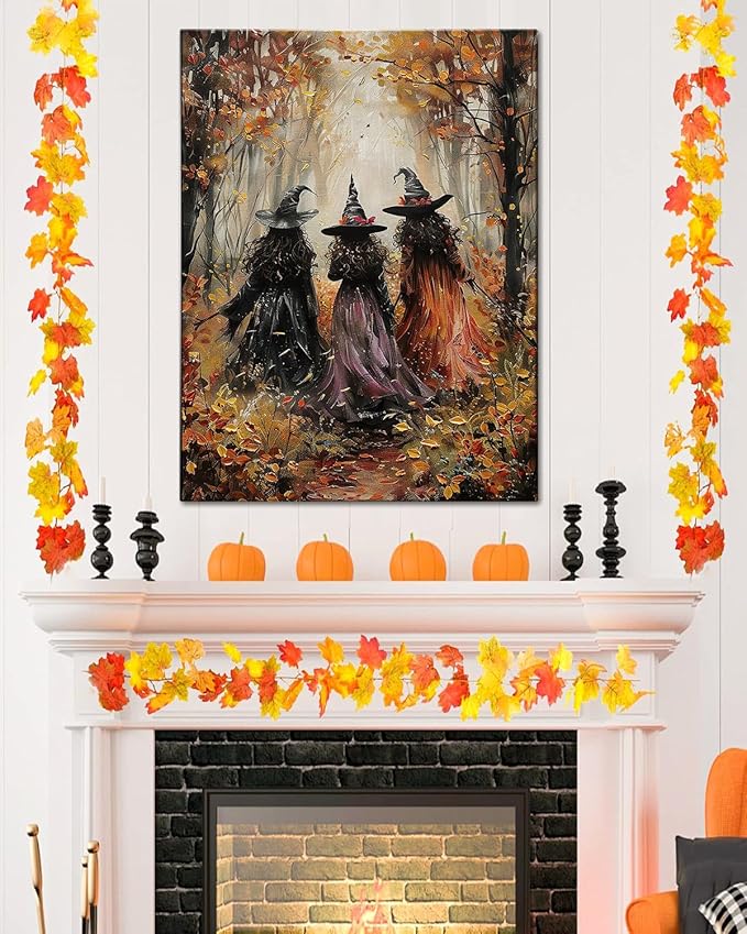 Halloween Canvas Wall Art, Vintage Three Witches Poster, Gothic Dark Academia Wall Decor, Spooky Halloween Decor for Living Room, Bedroom & Bathroom, Framed Fall Decorations Indoor-Ruum Studio Home