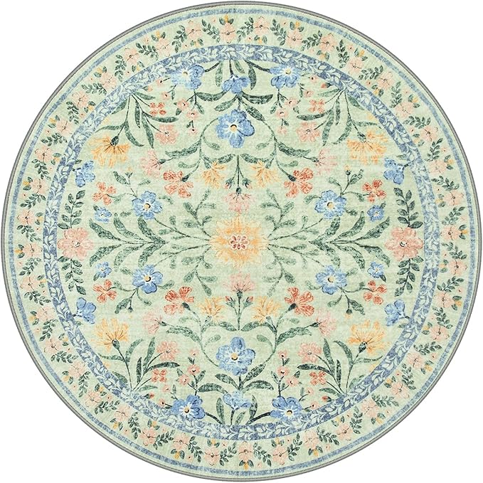 Wonnitar Washable Round Area Rug, 5ft Green Floral Round Rug Boho Soft Circle Carpet, Non Slip Low Pile Circle Accent Carpets for Kitchen Living Room Entryway Bedroom-Ruum Studio Home