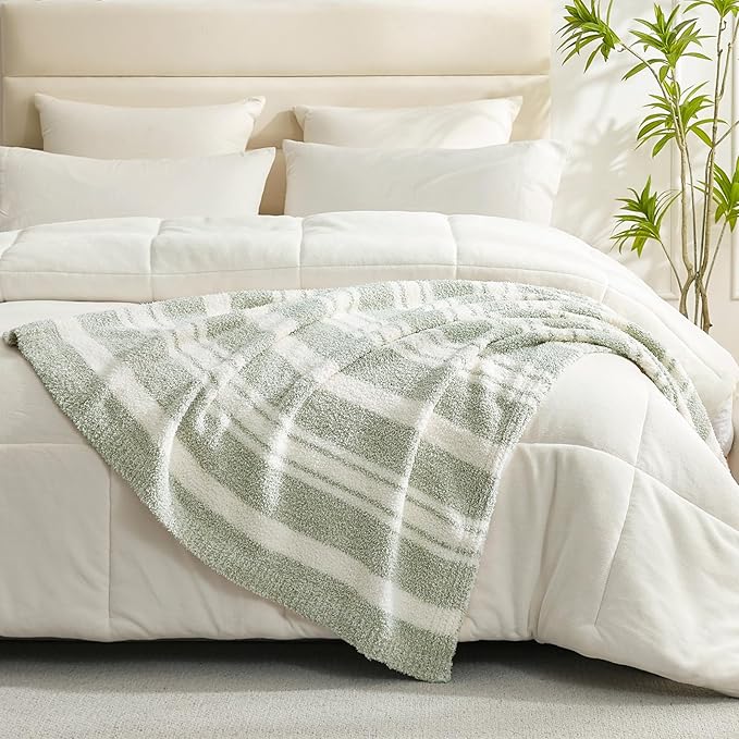 Snuggle Sac Stripe Sage Green Throw Blanket for Couch, Super Soft Warm Blankets Cozy Knit Fuzzy Plush Lightweight Throws for Sofa, Bed,Living Room, Stripe Green, 50x60 inches-Ruum Studio Home