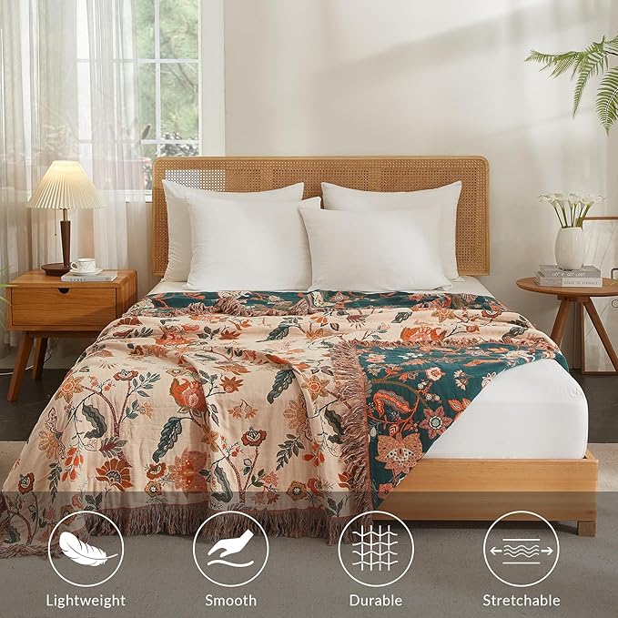 Boho Throw Blanket for Couch Sofa Bed, 100% Cotton Woven Quilt with Tassel 80”x90”, Super Soft Muslin Blanket with Floral Printed, Decorative Reversible Bed Blanket/Cover for All Seasons-Ruum Studio Home