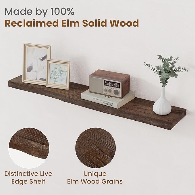 Floating Shelves for Wall Decor, Rustic Solid Elm Wood Live Edge Floating Shelves Wall Mounted, Wall Shelves with Invisible Bracket for Living Room Bathroom Bedroom Kitchen, 40 Inch Set of 1, Walnut-Ruum Studio Home