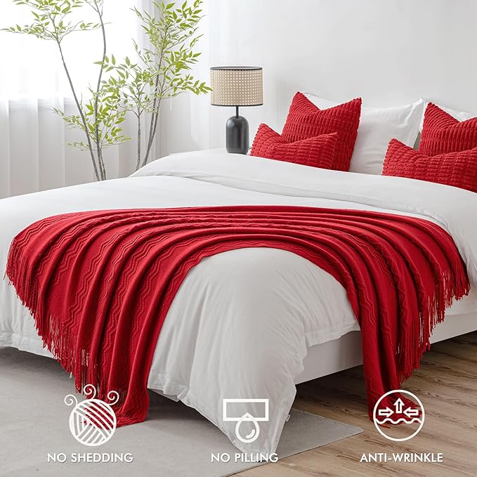 MIULEE Red Knitted Throw Blanket for Couch Boho Textured Cozy Woven Blanket with Tassels for Sofa Chair Bed Living Room Acrylic Wave Pattern 60"x80"-Ruum Studio Home