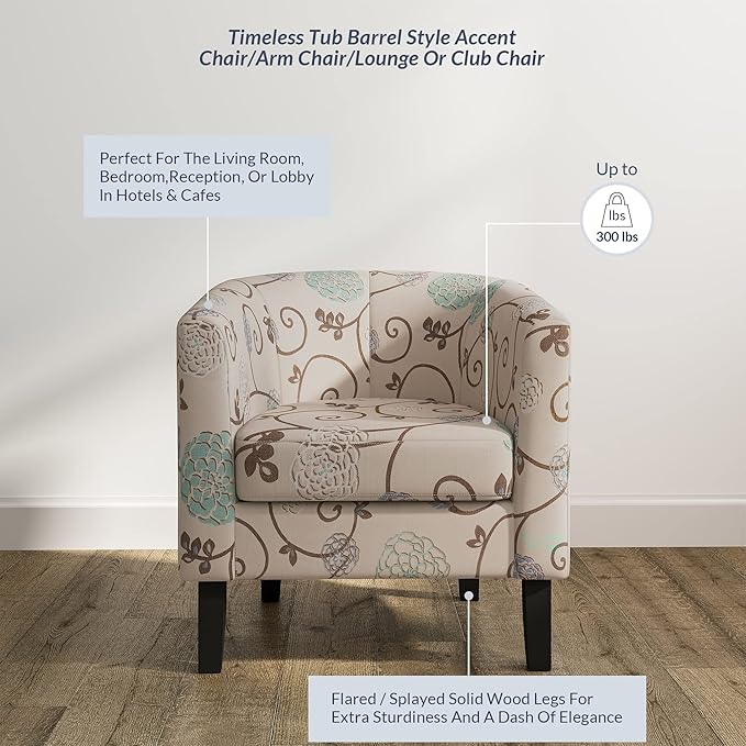 BELLEZE Living Room Chair, Linen Round Accent Barrel Chair, Club Tub Sofa Chair for Bedroom, Corner Chair with Flared Legs and Cozy Soft Padding - Highland (Floral Print)-Ruum Studio Home