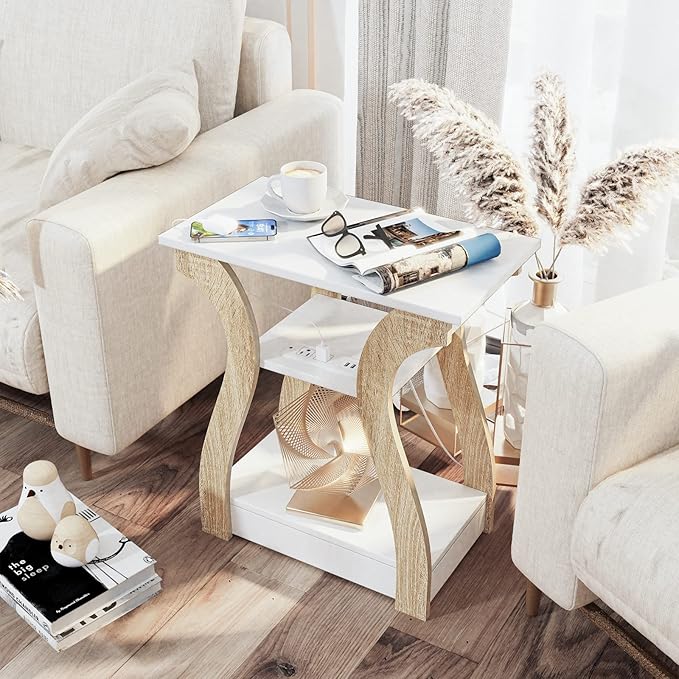 End Table with Charging Station, Side Table with USB Ports and Outlets, Nightstand, 3 Tier End Table with Storage Shelf for Living Room, Bedroom (White)-Ruum Studio Home
