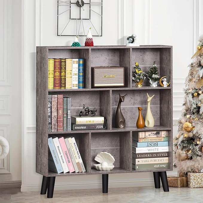 LEYAOYAO 8 Cube Bookshelf,Farmhouse Bookcase with Legs,Modern Dirty Grey Mid-Century Bookshelves,Large 3 Tier Open Storage Organizer Shelf, Retro Wood Display Book Case-Ruum Studio Home