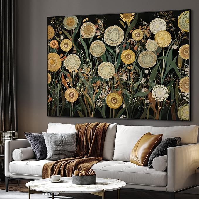 SIGNWIN 46"x60" Extra Large Framed Wall Art Whimsical Dandelion Field in Yellow and Green, Playful Botanical Print for Home Living Room Bedroom Decor (Frame Assembly Required)-Ruum Studio Home