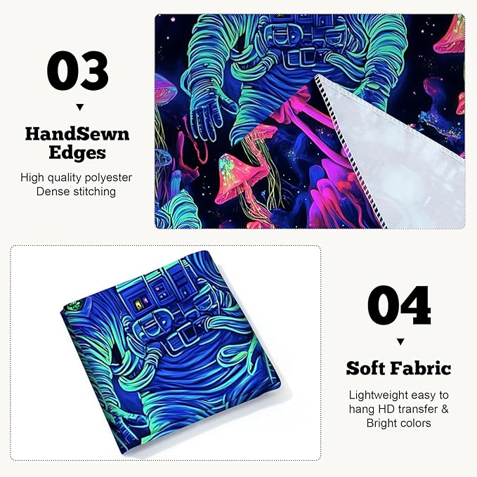 BVBOX Astronaut Space Blacklight Tapestry 79"x59", UV Reactive Astronaut Mushroom Forest Universe Galaxy Planet Glow in Dark Tapestries, Black Light Neon Upright Poster Wall Hanging Backdrop Decor for Bedroom Living Room-Ruum Studio Home