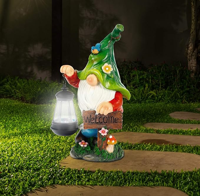 Garden Gnome Statue, Resin Figurine with Bright Solar Lantern Lights and Welcome Sign, Outdoor Solar-Powered Illumination Yard Art Decorations for Indoor Outdoor Patio Lawn Garden Room-Ruum Studio Home
