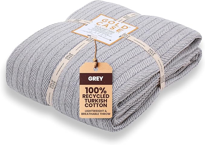 Gold Case Throw Blanket for Bed – 100% Recycled Turkish Cotton Bed Blanket – Decorative Throw Cotton Blankets for Living Room & Bedroom – Vintage Grey Woven Queen Blankets – 90x90-Ruum Studio Home