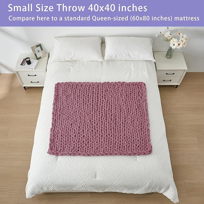 Bigacogo Chunky Knit Throw Blanket for Couch, 40x40 inches, 100% Hand Knitted with Thick Jumbo Chenille Yarn, Cozy Soft Large Rope Knot Cable Crochet Blankets for Sofa Bed Living Room, Burnt Rose-Ruum Studio Home