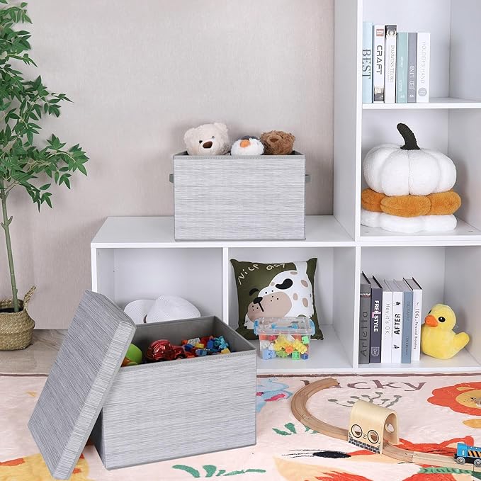 WUIKE 3 Pack Extra Large Closet Storage Bins with Lids, Gray Storage Boxes with Handles, Fabric Storage Baskets with Cover for Bedroom-Ruum Studio Home