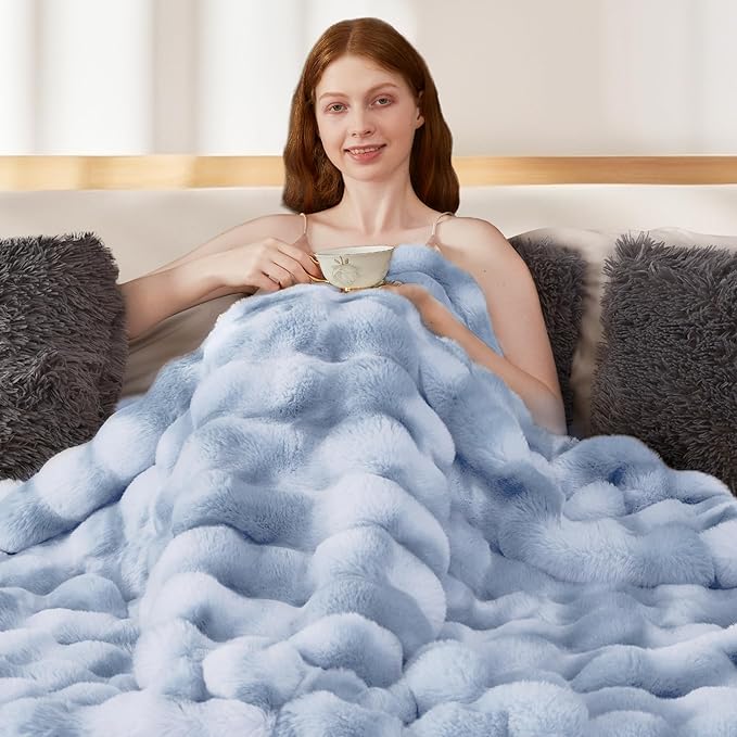 Touchat Luxury 1000GSM Rabbit Faux Fur Blanket, Super Heavy Warm Cozy Brown Blankets for Couch Bed Sofa, Ruched Plush Fuzzy Elegant Soft Reversible Mink Blanket Living Room Bedroom, 90" x 90"-Ruum Studio Home