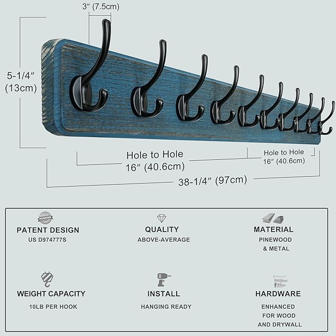 Dseap Coat Rack Wall: 38-1/4" Long, Patented, Heavy-Duty, 10-Double-Hooks Wooden Wall Mounted Coat Rack Coat Hanger Hook Rail for Winter Coats Hat Jacket Clothing, Weathered Blue-Ruum Studio Home