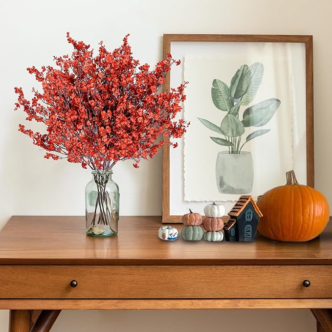 Sggvecsy 15 Pcs Babys Breath Artificial Flowers Gypsophila Bouquets Bulk Real Touch Fake Silk Flowers for Home DIY Floral Arrangement Table Centerpiece Fall Thanksgiving Autumn Decoration (Orange Red)-Ruum Studio Home