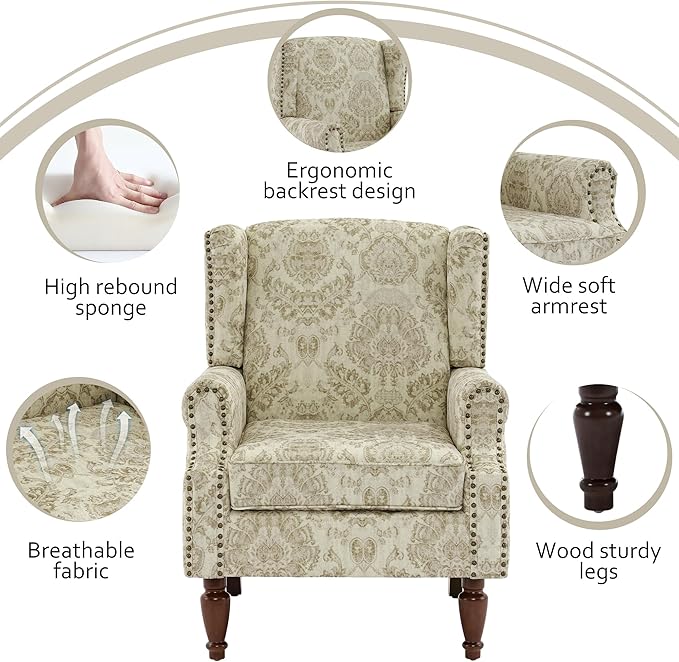 Lumibee Wingback Accent Chair,High Back Floral Armchairs in Fabric,Comfy Upholstered Reading Single Sofa Chair with Solid Wood Legs for Living Room,Bedroom,Office-White-Ruum Studio Home