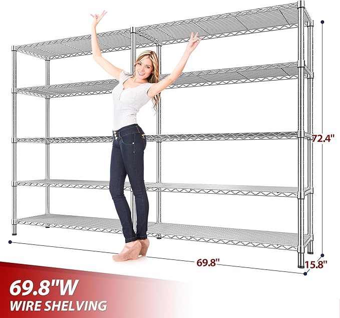 REIBII 69.8" W Storage Shelves 1510LBS Wire Shelving Unit 5 Tier Metal Shelving for Storage Rack Shelves Adjustable Heavy Duty Garage Shelf Pantry Shelves Kitchen Shelving,69.8"Wx15.8"Dx72.4"H,Chrome-Ruum Studio Home