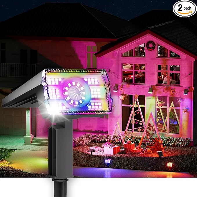 Solar Spot Lights Outdoor 2-Pack Multicolor IP65 Waterproof RGB - 6 Colors, 2 Modes, 105° Adjustable 58 LED Flood Lights, Solar Powered Spotlights for Yard, Garden, House & Landscape Lighting Outside-Ruum Studio Home