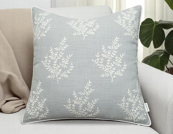 VAGMINE Embroidered Leaves Throw Pillow Cover - 18x18 Inches Square - 100% Cotton Robins Egg Decorative Cushion Cover - Coastal Inspired Leaf Stitch - Stylish Home Accent for Sofa, Couch, Bedroom-Ruum Studio Home
